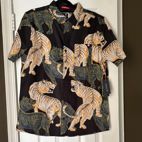 NWT Roark Black and Gold Tiger Print Men's Shirt Button Down Size L - Picture 1 of 5